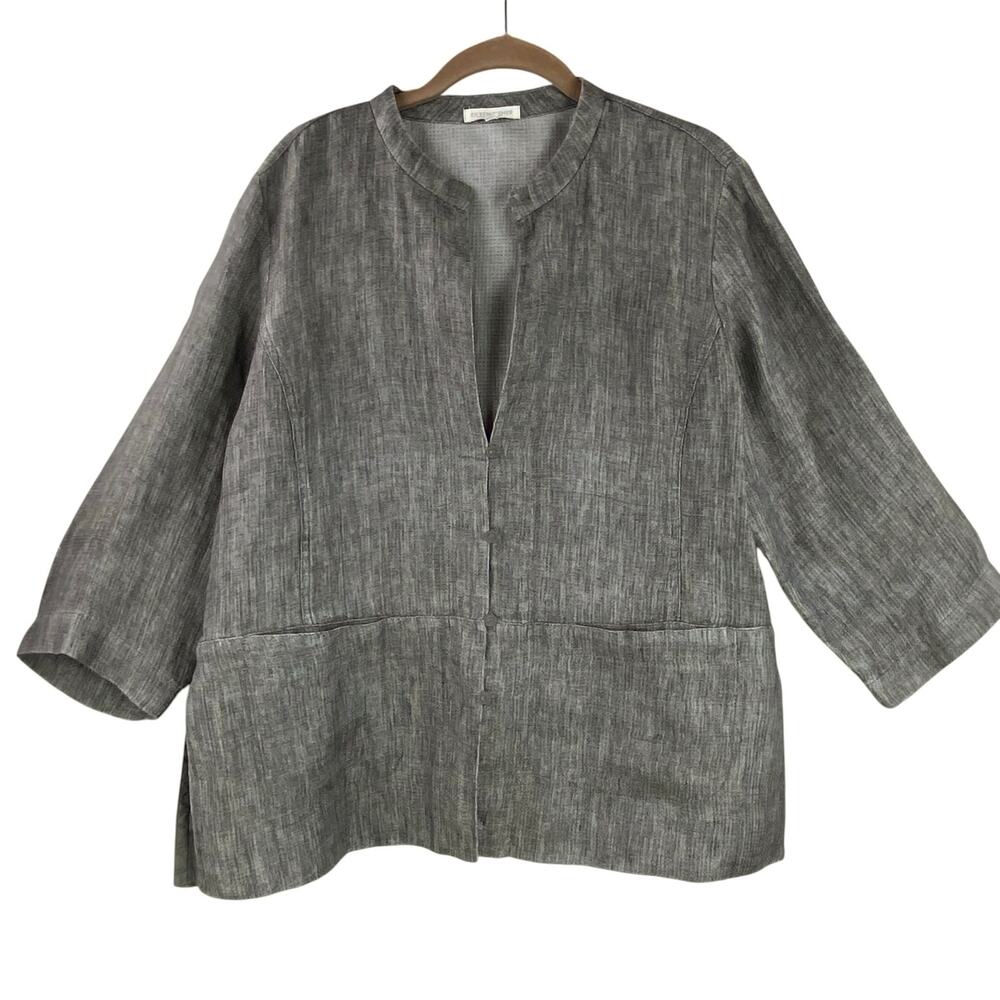 Eileen Fisher 100% Linen Blouse Jacket Size L Taupe Minimalist Layer